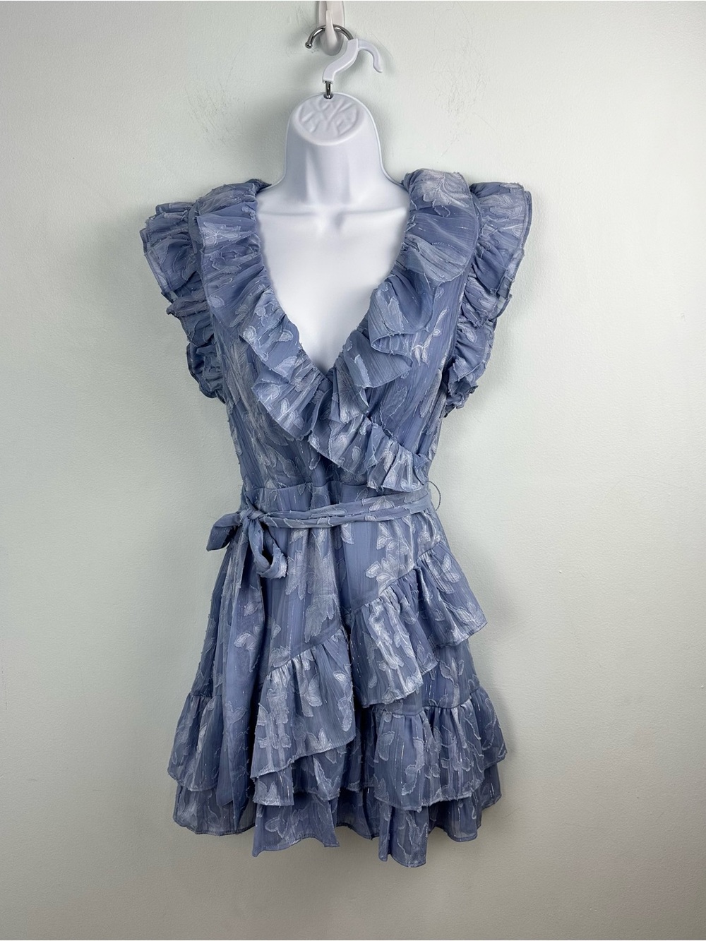 AQUA Light Periwinkle Blue Faux Wrap Ruffle Dress Floral Embossed Size XS